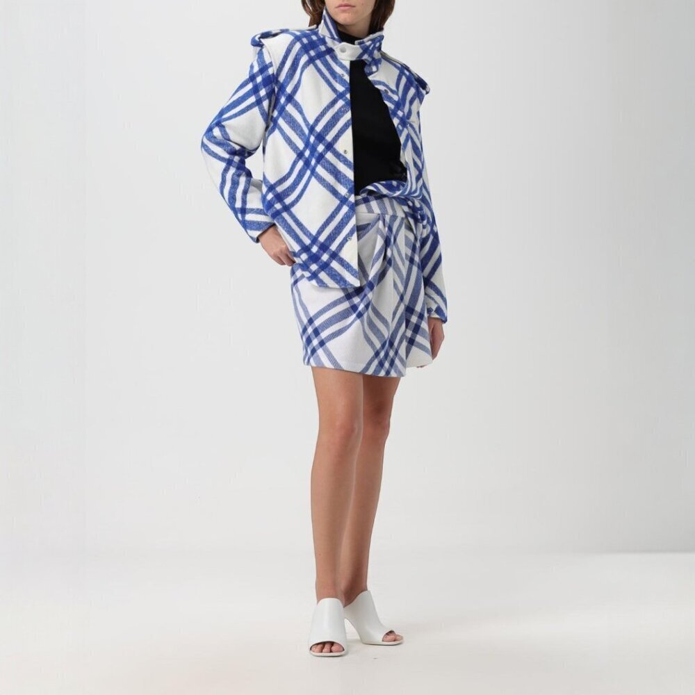 Burberry Women’s Check Wool Shirt | Equestrian Knight Logo Plaid Top Size 4 Blue